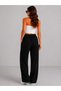 Black 100% Linen High Waist Elastic Wide Leg Women's Trousers - 3