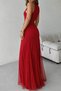 New Season Women's Strappy Crew Neck Hem Tulle Detail Asymmetrical Flared Long Imported Crepe Event Dress - 6