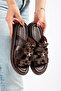 Elowen Women's Buckle Detailed Genuine Leather Thin Sole Bitter Brown Slippers