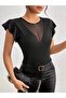 Women's Short Ruffle Sleeve Round Neck Viscose Blouse with Transparent Detail - 3