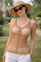 Women's Front and Back V-Neck Strappy Mesh Knit Lightly Textured Transparent Look Stylish Camel Top - 2