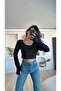 Square Neck Long Sleeve Crop Blouse with Finger Snap - 2