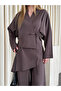 Brown Trousers Kimono Set with Insert Detail - 8009 - 6