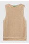 Women's Beige Cotton Blend All-Over Patterned Crew Neck Sleeveless Top - 2