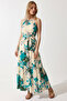 Patterned Belted Summer Viscose Dress Lzv0063 Ecru Green - 2