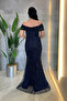 Boat Neck Beaded Fabric Evening Dress - Dark Blue - 4