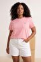 Pembe Bisiklet Yaka Nakış Detaylı Regular Fit Büyük Beden T-shirt TBBSS26BF00032