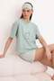 Yeşil %100 Pamuklu Çizgili Slogan Baskılı Uyku Bantlı Şortlu Örme Pijama Takımı THMSS25PT00102
