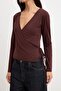 Brown Plain Fitted Double-Breasted Standard Sleeve Long Cotton Piece Stretchy Knitted Blouse Twoss26Bz00708 - 3