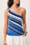 Mavi Asimetrik Yaka Fitted Renk Bloklu Crop Triko İnce Bluz TWOSS26BZ00301 - 3