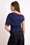 Lacivert Düz Fitted Asimetrik Yaka Düşük Kol Kısa Crop Pamuk Ribana Örme Bluz TWOSS26BZ00563 - 4