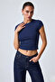 Women's Stretchy Fabric Body-Fitting Navy Blue Slim Fit Crew Neck Basic T-Shirt - 2
