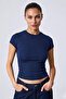 Women's Stretchy Fabric Body-Fitting Navy Blue Slim Fit Crew Neck Basic T-Shirt