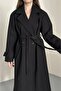 Double-Breasted Tie-Detail Waist-Tied Mid-Length Coat Black 3754 - 3