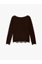 Lace Detailed Asymmetrical Cut Boat Neck Long Sleeve T-Shirt - 4