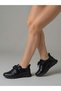 Women's Black Shiny Satin and Leather Detailed Flat Sole Lace-Up Sports Shoes