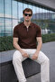 Brown Men's Polo Collar Half-Zip T-Shirt - 8