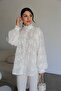 Stand Collar 3D Floral Embroidery Balloon Sleeve Premium Cotton Shirt - 3
