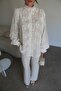 Stand Collar 3D Floral Embroidery Balloon Sleeve Premium Cotton Shirt - 5