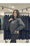 Women's Oversized shirt collar zippered lined waist belt detailed double pocketed crop leather jacket 4875 - 5