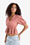 Fitted V Neck Tie-Up Muslin Short Sleeve Blouse F6246Ax25Sm - 3