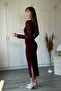 Floral Embroidered Draped Slit Elegant Midi Burgundy Dress - 4