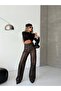 Brown Leather-Look High Waist Wide Leg Pants - 4