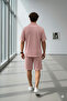 Men's Salmon Color Wrinkled Apaj Collar T-Shirt and Shorts Set - 6