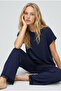 Navy Blue Lace Detailed Crew Neck Knitted Pajama Set