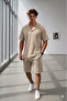 men's Beige Apaj Collar T-Shirt and Shorts Set
