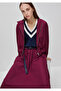 Women's Navy Blue Viscose Blended Striped Raglan Sleeve Deep V-Neck Sweater - 3