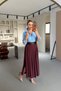 Double Belted Slit Detail Burgundy Pleated Skirt - 3