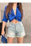 Women's Snow Wash Faded Effect Five Pocket High Waist Leg Tassel Denim Shorts - 6