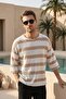 Men's Oversize Fit Dirty Collar Mink & White Striped Knitwear T-Shirt Ls-36096 - 3