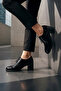 Black Patent Leather Genuine Leather Lace-Up Square Toe Thick Heeled Women's Loafer Shoes - 2