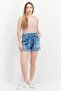 Women Belted Tie Paperbag Denim Shorts, Mist Blue - 3
