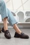 Women's Brown Leather Chain Detailed Platform Sole Loafer Shoes
