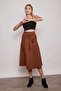 Lightweight Lycra Suede Fabric High Waist Long Skirt-Tan - 4