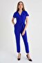 Shawl Collar Off-Shoulder Lace-Up Ankle Length Stylish Lightweight Lycra Fabric Stylish Office Jumpsuit-Sax - 4