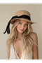 Women's Beige Straw Hat with Ribbon and Black Ribbon Bow Detail Summer Beach Hat - 3