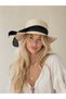 Women's Cream Straw Hat with Ribbon Black Band Bow Detail Summer Beach Hat - 5