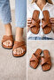 Tan Crossed Blunt Toe Women's Slippers for Outdoor and Home Use - 2