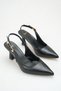 Women's Black Leather Buckle Open Back Heeled Shoes
