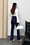 Women's High Waist Buttoned Zippered Lycra Navy Blue Straight Casual Ribbed Palazzo Trousers - 4