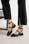 Open Back Short Heeled Blunt Toe Black Patent Leather Shoes - 3
