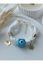 White Fabric Scarf, Bandana Bracelet, Blue Evil Eye Bead, Elephant Clover Leaf Charm - 5