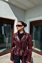 Women's Belt Detailed Double-Breasted Burgundy Leather Jacket