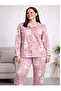 Women's Buttoned High Neck Long Sleeve Patterned Elastic Waist Nightgown Tracksuit Pajama Set