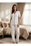 New Season Ecru Piping Summer Full Buttoned Design 100% Cotton Short Sleeve Pajama Set