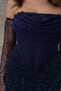 Women's Navy Blue Strapless Neckline Beaded Long Evening Dress - 5